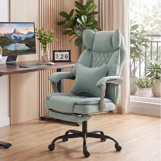 The blue office chair in a modern home office setting with a desk and computer
