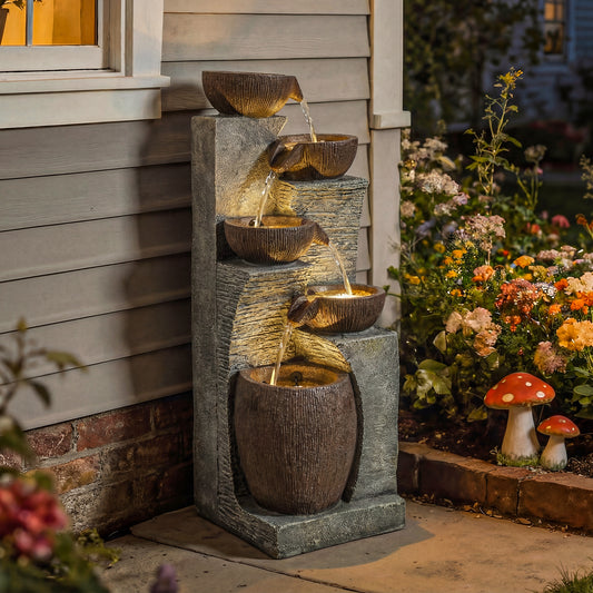 Outsunny Outdoor Fountain with 5-Tier in Grey and Rustic Brown