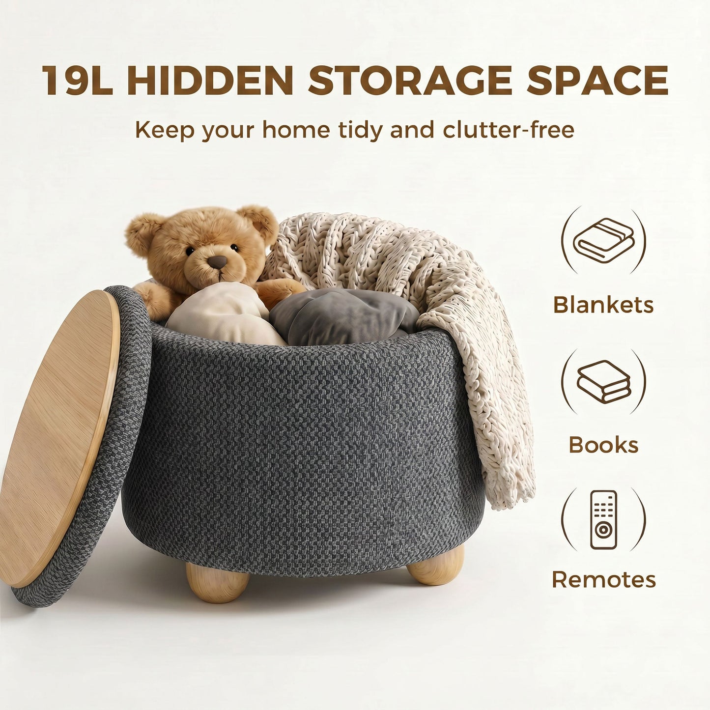HOMCOM Storage Sitting Bench with Lid, Round Storage Ottoman with Rubberwood Legs, Dark Grey