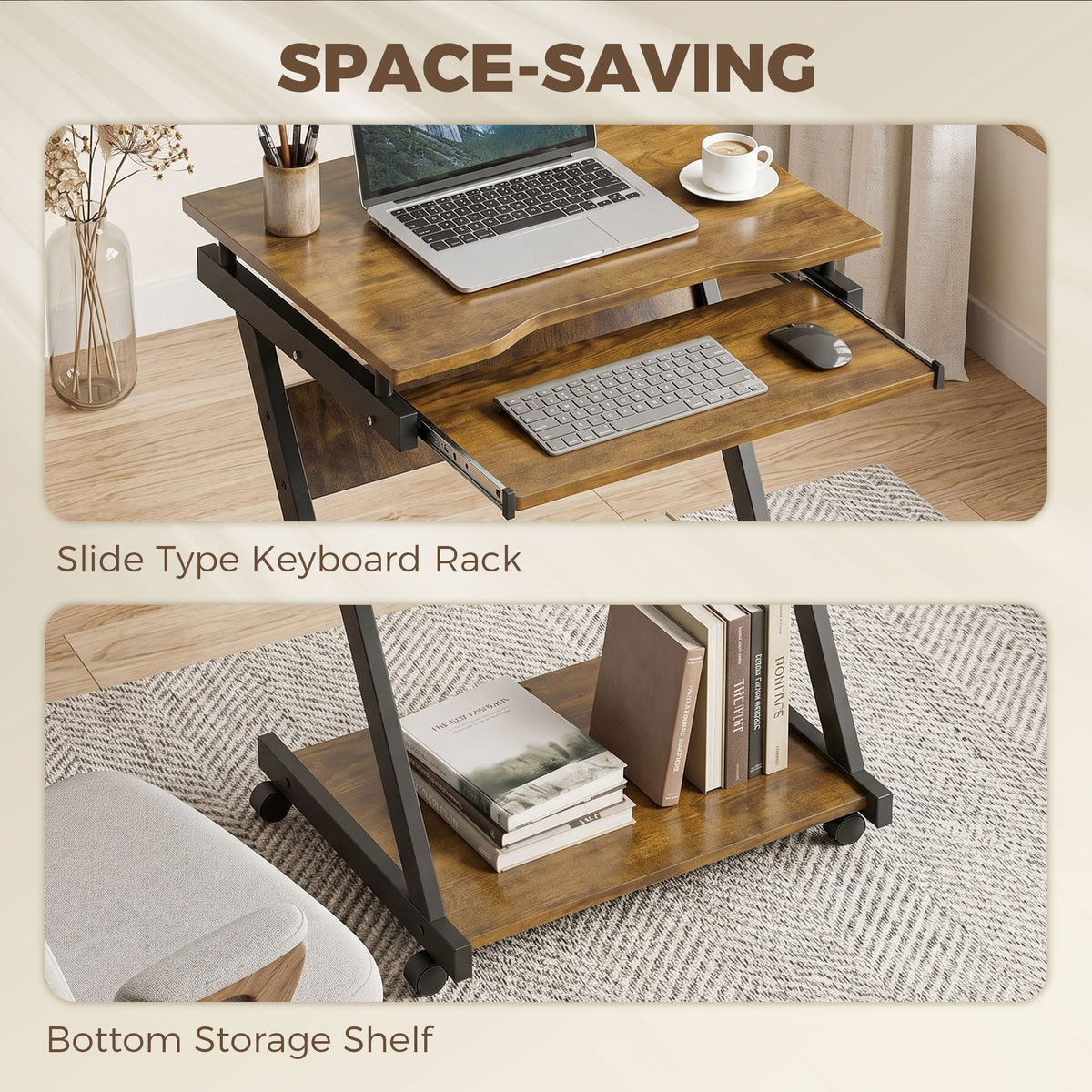 HOMCOM Movable Computer Desk with 4 Moving Wheels and Keyboard Tray