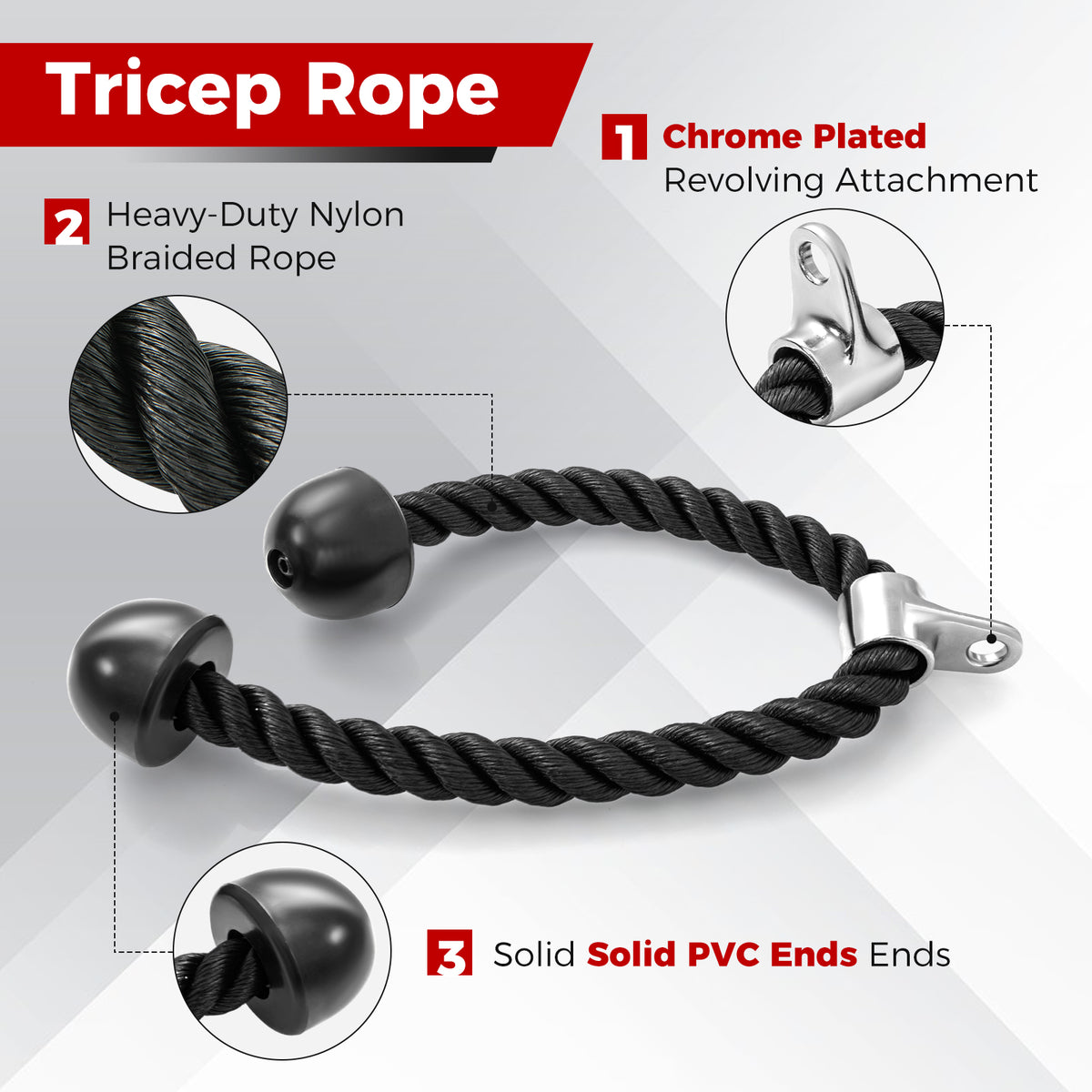 The weights accessories showing the braided rope and chrome plated attachment details