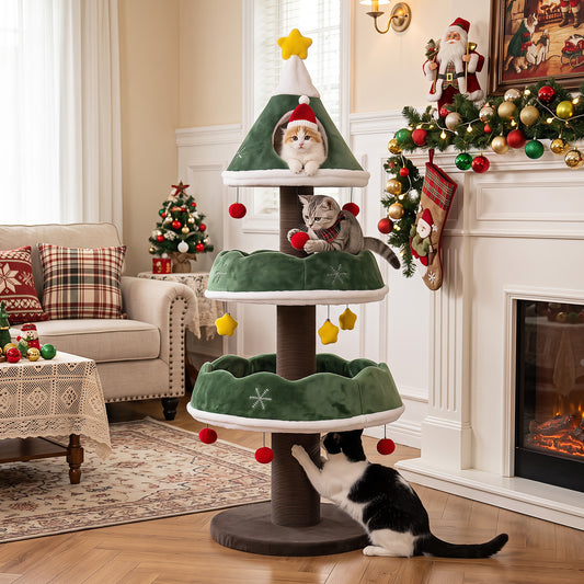 The cat tree standing in a festive living room next to a fireplace with stockings