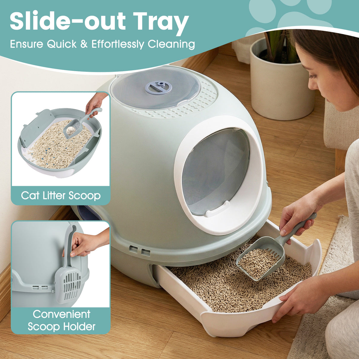 Slide-out tray and scoop holder of the enclosed cat toilet being demonstrated
