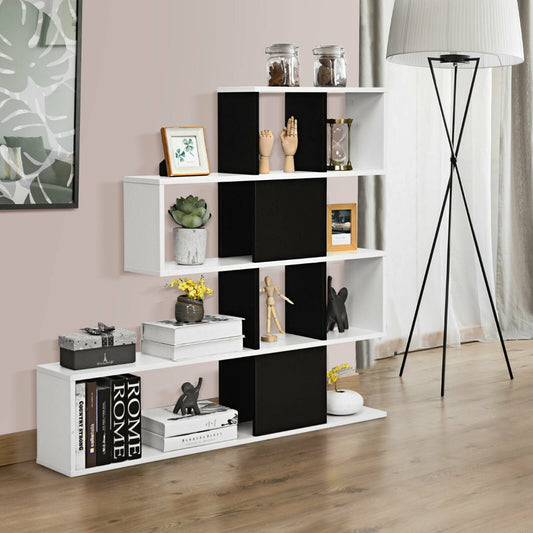 The display and storage bookshelf in a living room setting with a sofa and lamp