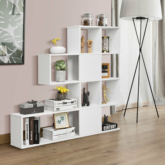 White 5-tier display and storage bookshelf in a living room setting with decorative items