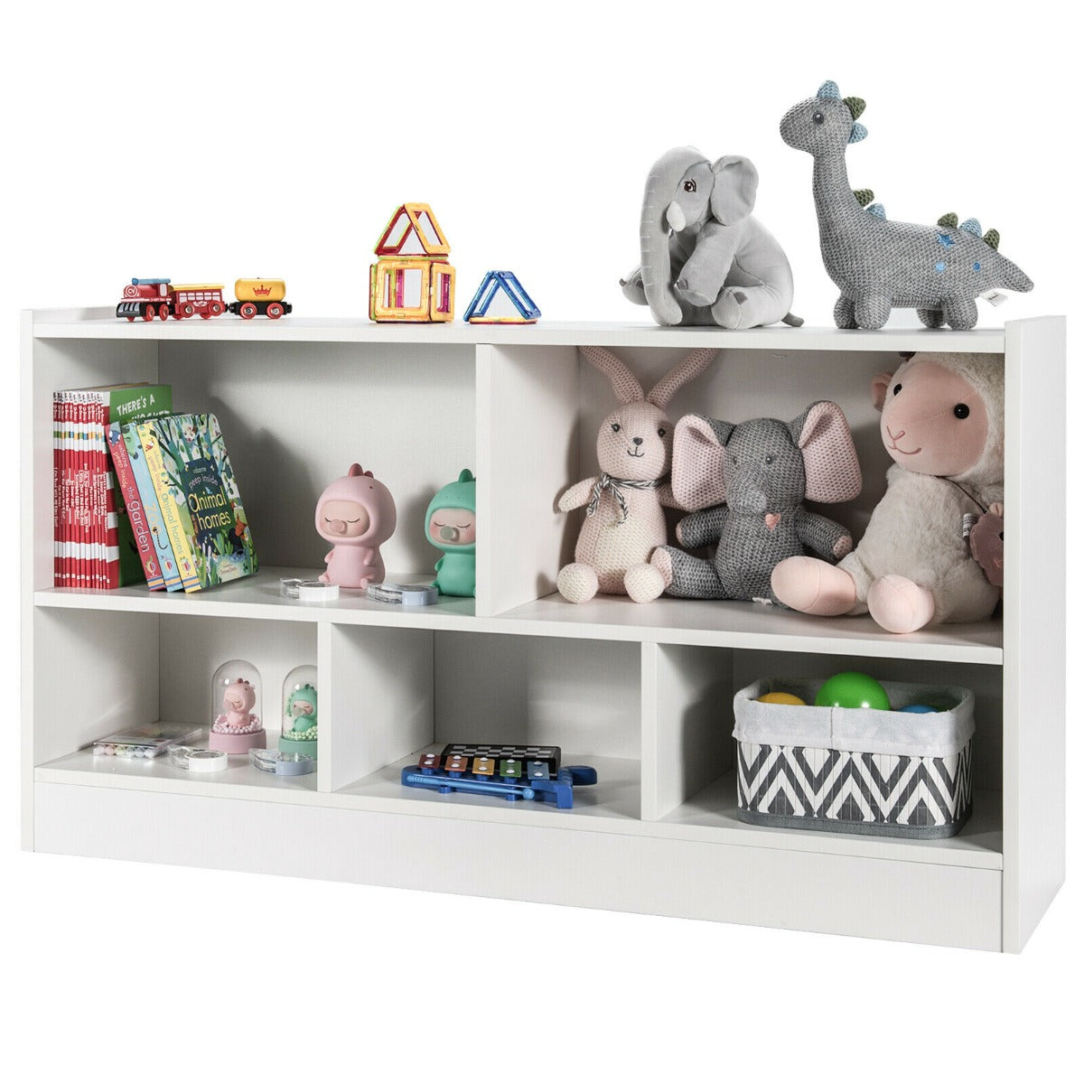 Wooden Storage Bookcase with 2 Tiers and 5 Cubes-White