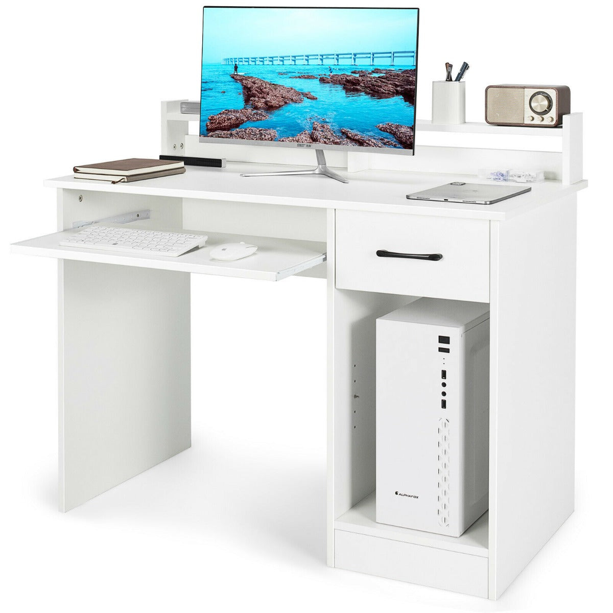Wooden Computer Desk With Keyboard Tray for Work and Study-White