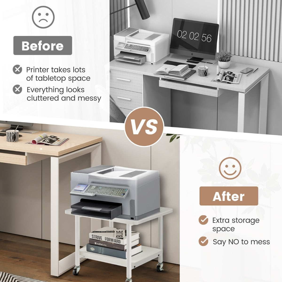 2 Tier Wooden Printer Stand with 360° Swivel Casters-White