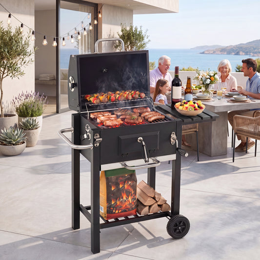 The outdoor grill cooking food on a patio with a family dining nearby