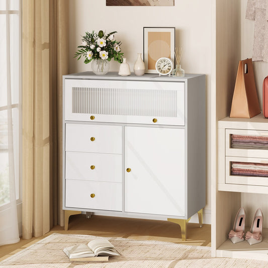 The grey cabinet with a fluted glass door and drawers is styled in a bedroom setting