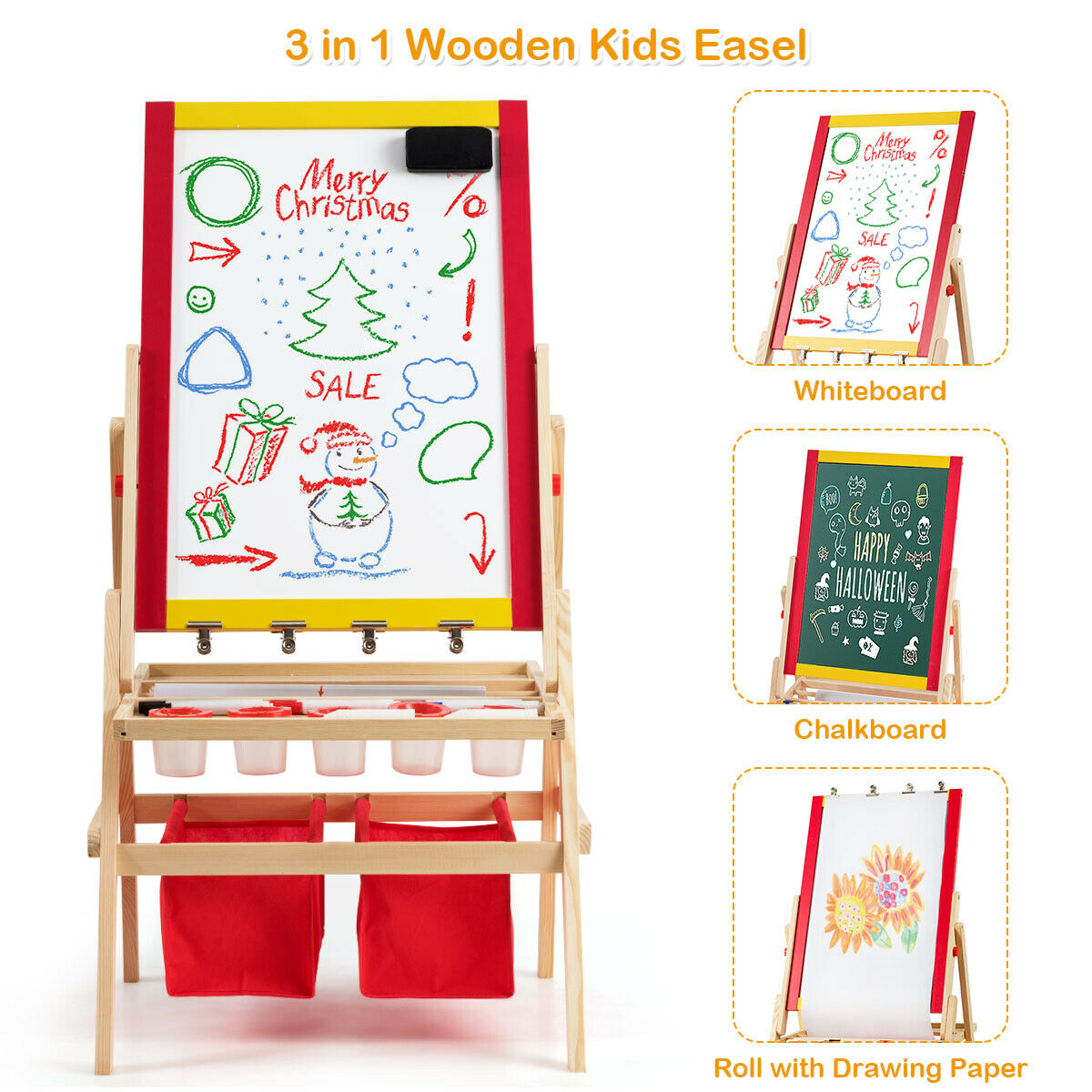 Double sided art easel with storage bags and different drawing surfaces