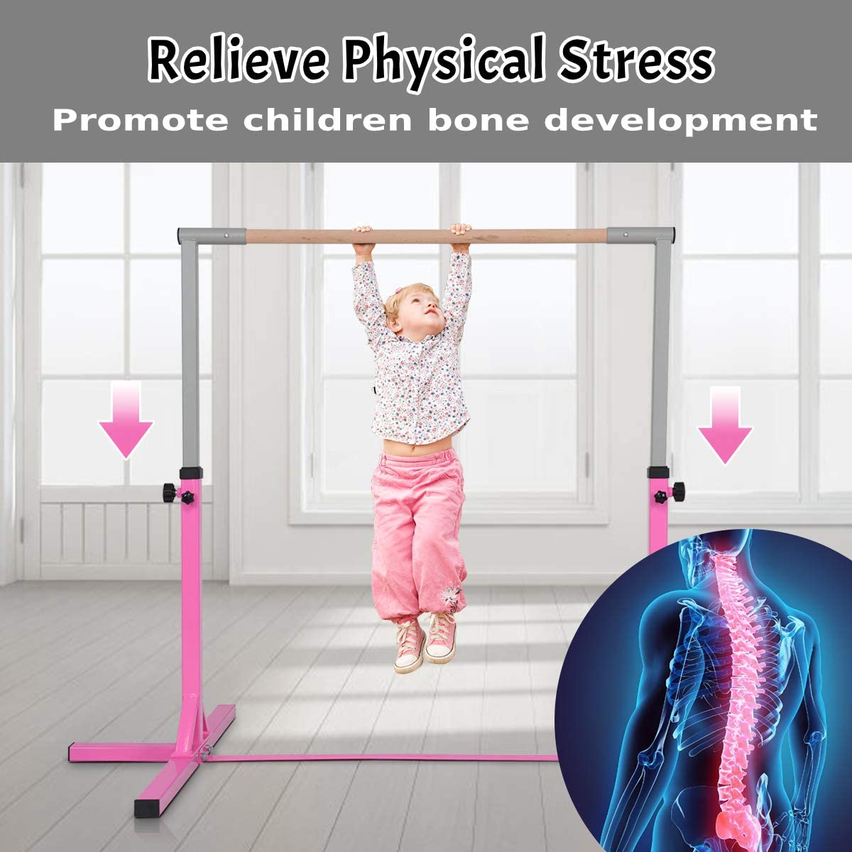 The pink gymnastics bar with a child hanging from it, promoting bone development