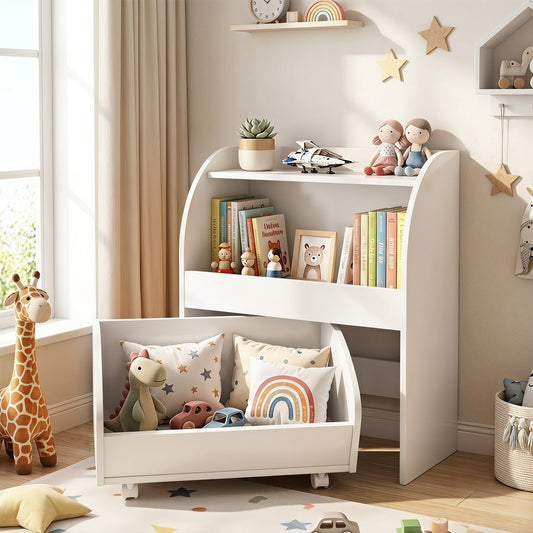 Kids storage unit with a wheeled drawer full of toys and books on the top shelf