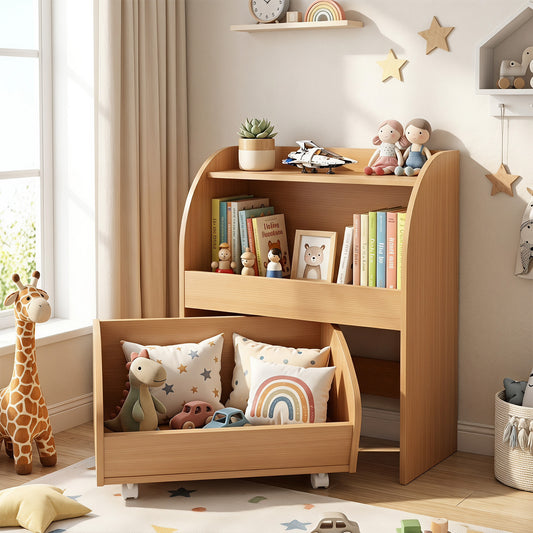 The kids storage unit placed in a bright bedroom next to a window with toys and decorative items