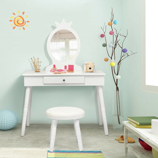 Kids vanity set with stool in a bright room with toys and decorations