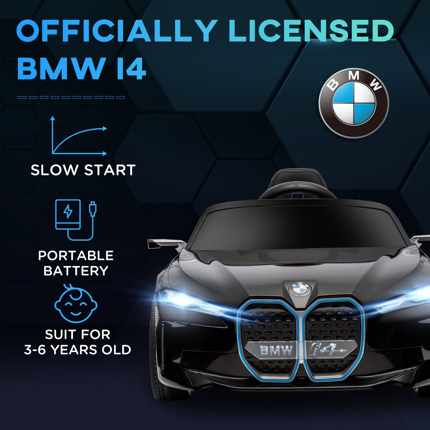 HOMCOM BMW i4 Licensed 12V Kids Electric Ride-On Car, with Remote Control, Portable Battery, Music, Horn, Headlights - Black