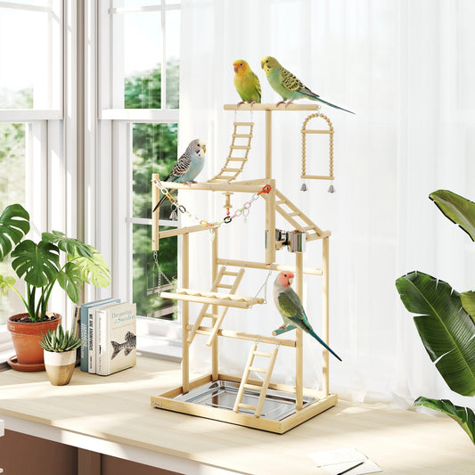 PawHut 95 cm Wooden Bird Playground with Ladders, Chain Toy, Stainless Steel Cups and Tray, Bird Cage Accessories, Natural