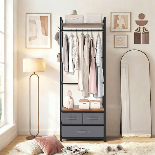 The entryway storage unit filled with clothes and accessories in a stylish room setting