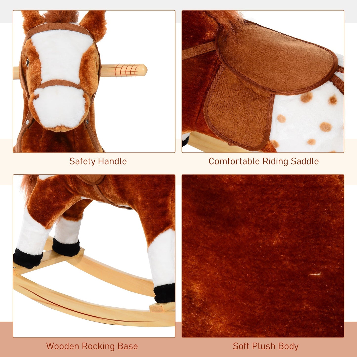 HOMCOM Baby Rocking Horse Plush Ride on Animals Rocker with Sound Handle Grip for kids 3-6 years - Brown