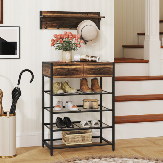 The coat rack shoe stand set in a hallway with hats and umbrellas