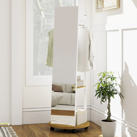 Freestanding coat tree with mirror in a bright room next to a window, showing clothes hanging on hooks and items on shelves