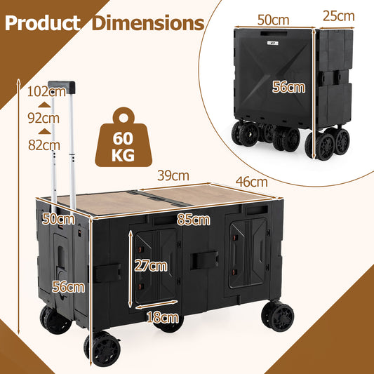 The folding utility cart with dimensions and weight capacity shown
