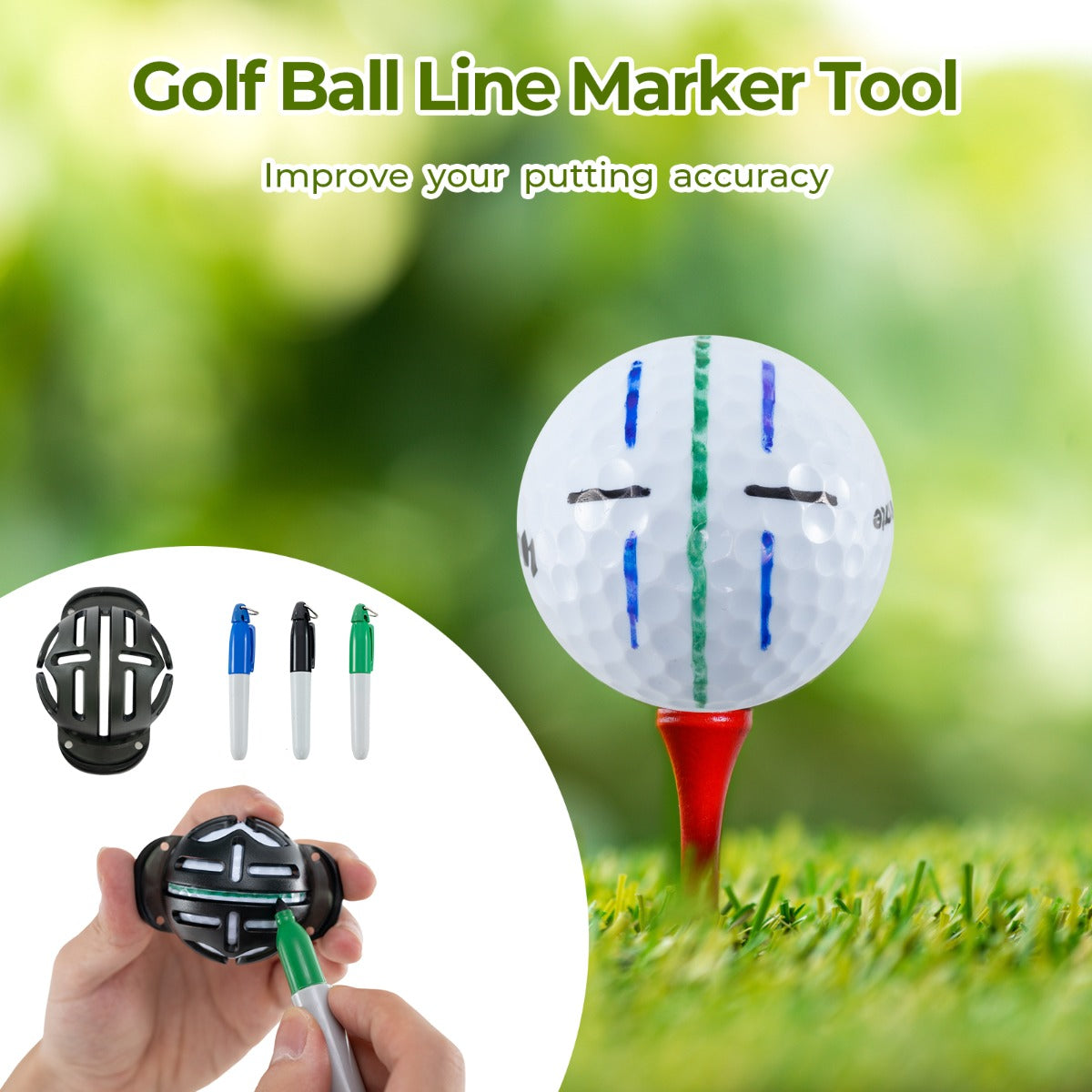 Golf ball line marker tool and markers, with a golf ball on a tee