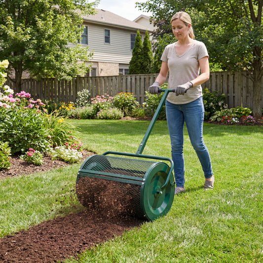 A woman uses the peat moss spreader roller to spread soil on a lawn