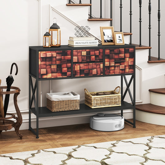 The console table in a hallway with a shelf and 4 drawers, next to stairs