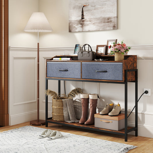 Rustic brown entryway table with two grey drawers and a lower shelf, shown in a hallway setting