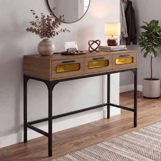 The console table with three drawers and LED lights in a hallway