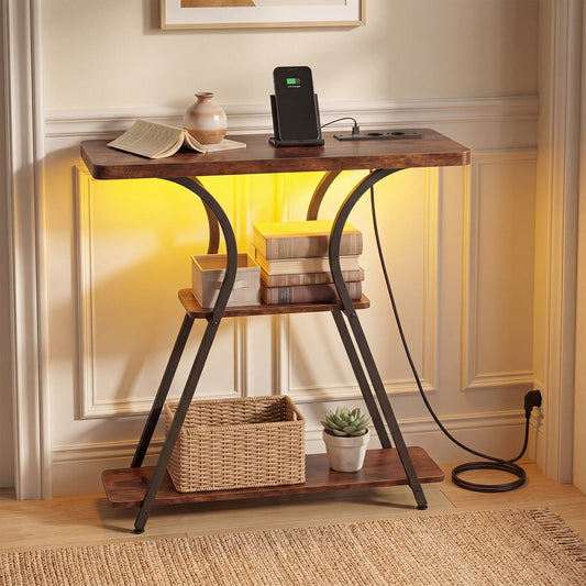 The console table in a room with books, a basket and a phone charging