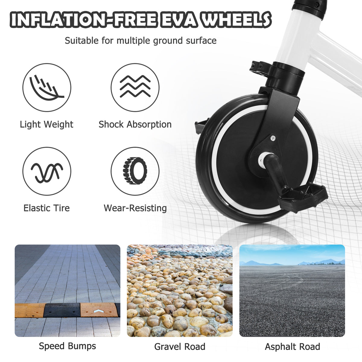 Inflation-free EVA wheels on the kids trike, suitable for various surfaces like speed bumps and roads