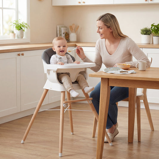 A mother feeding a baby in the grey high chair at a kitchen counter