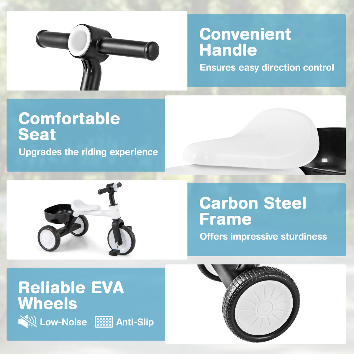 Close-ups of the white and black kids tricycle features: handle, seat, wheels and frame