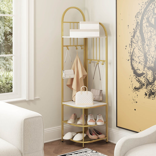 The corner hall tree with a handbag and shoes on its shelves and hooks