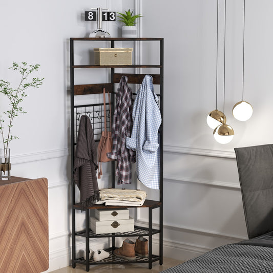 The corner hall tree with shoe storage in a bedroom setting with coats and bags