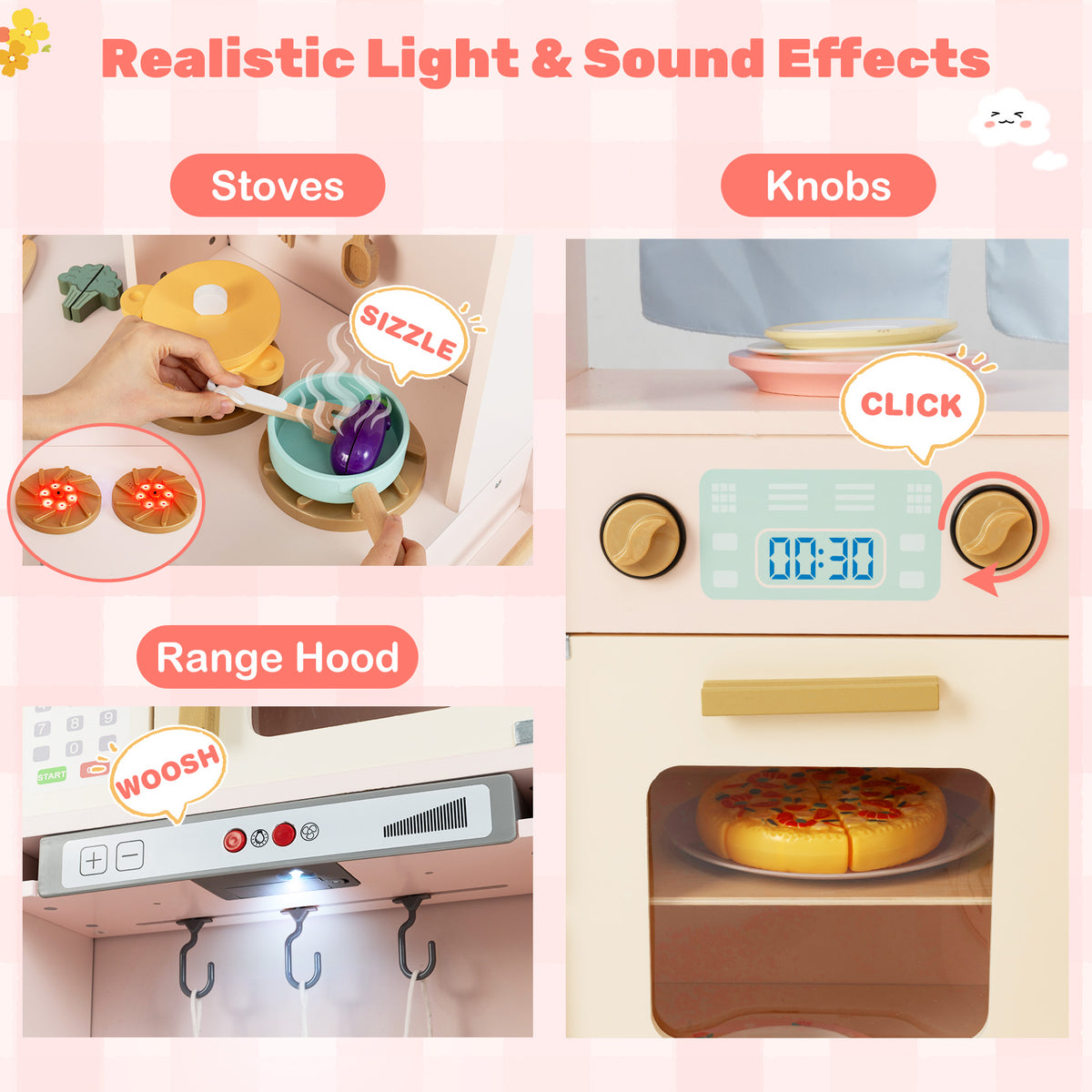 Close up of the pink corner kitchen playset showing stove, knobs and range hood lights