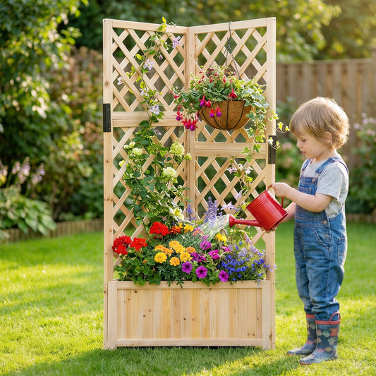 The wooden corner planter with lattice trellises is shown in use with a child watering the colourful flowers and plants