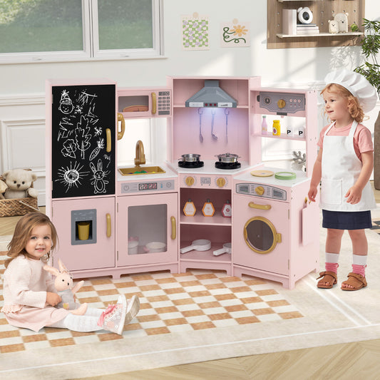The play kitchen set in a room with two children playing and wearing chef outfits