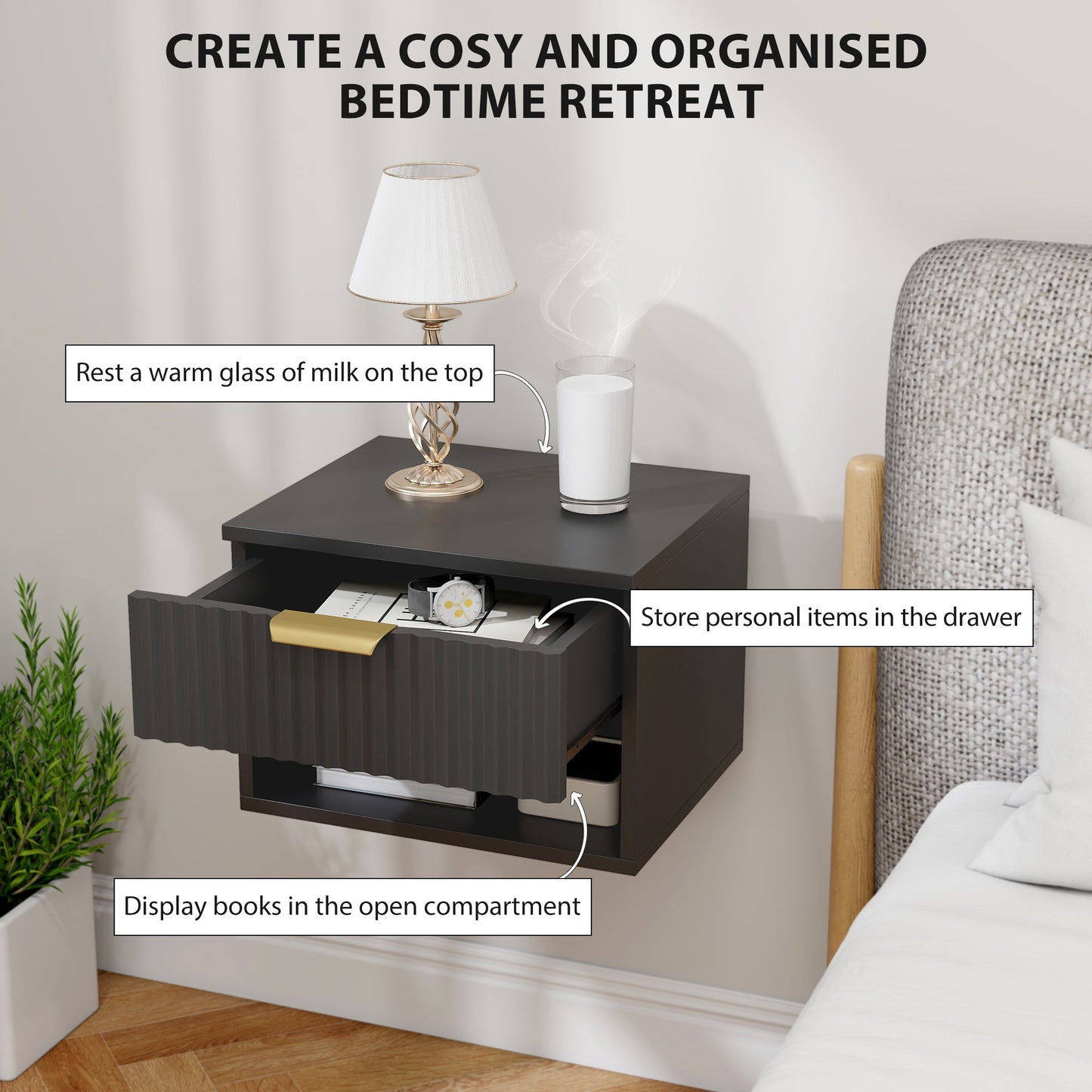 HOMCOM Floating Nightstands Set of 2, Modern Wall Mounted Bedside Tables, Black
