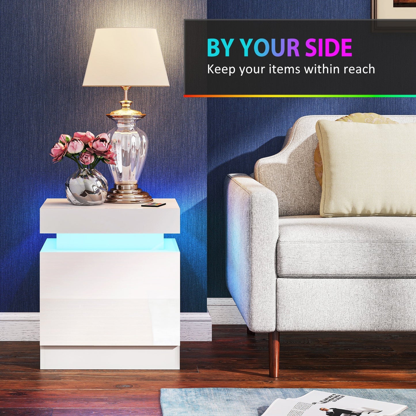 HOMCOM White Bedside Table with LED Light, High Gloss Front Nightstand with 2 Drawers, for Living Room, Bedroom, Set of 2