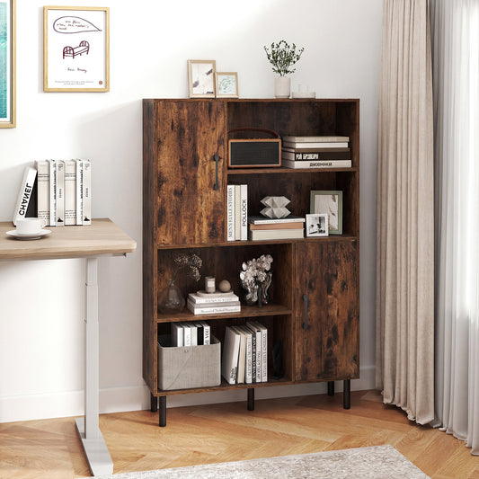 Rustic brown storage cabinet with metal legs in a home office setting next to a desk