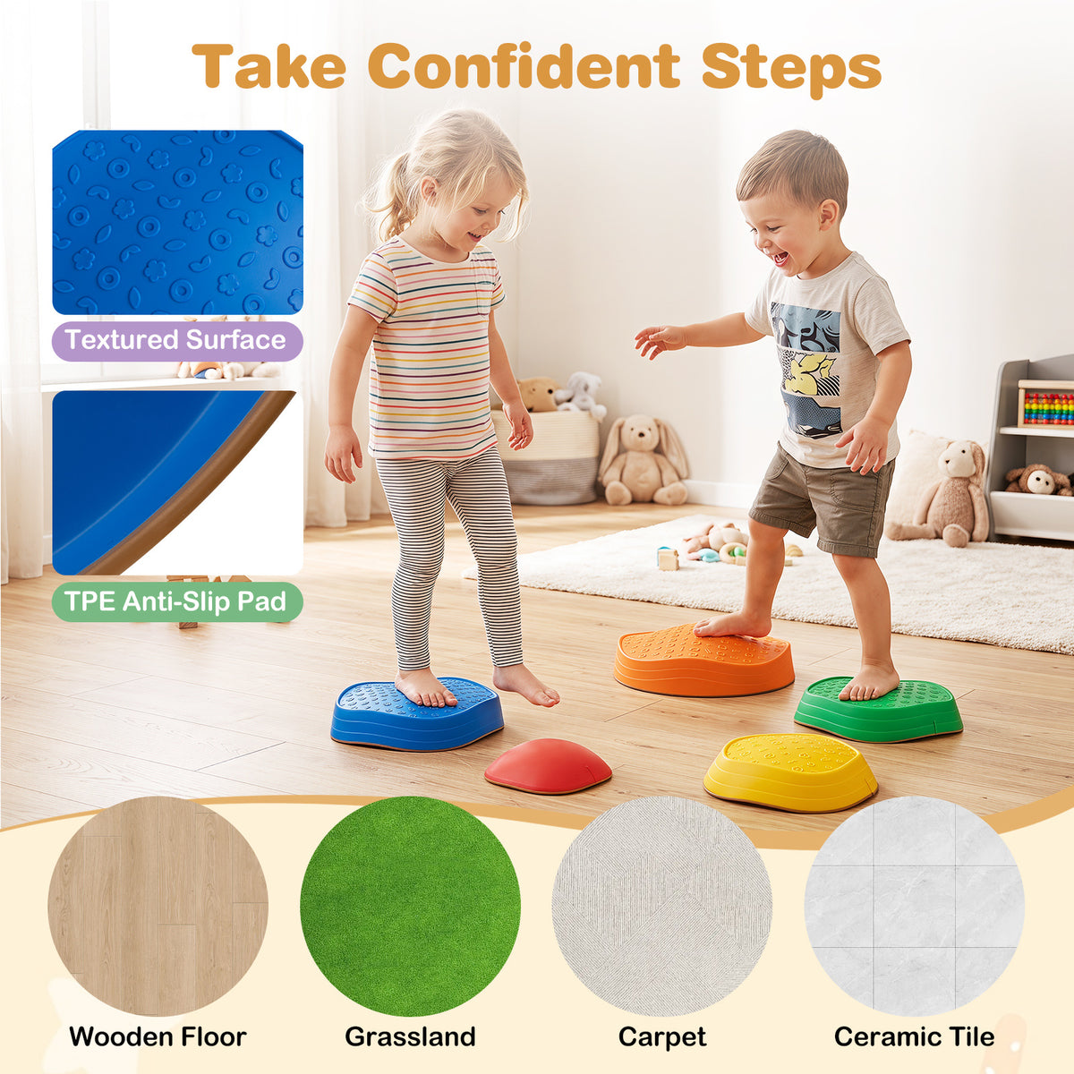 Toy sports stepping stones shown on different floor surfaces