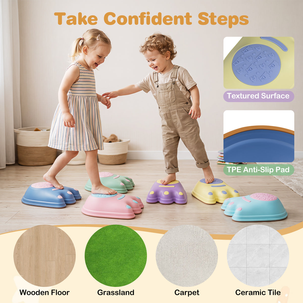 Two children stepping on colorful plastic step stools in a bright indoor room. The image includes text reading 'Take Confident Steps,' feature callouts for a textured surface and TPE anti-slip pad, and circular material swatches for wooden floor, grassland, carpet, and ceramic tile.