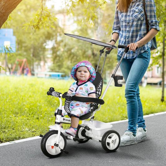 دراجة ثلاثية العجلات 6 في 1 للأطفال من HOMCOM مع أحزمة أمان خماسية النقاط، ومظلة قابلة للإزالة، أبيض