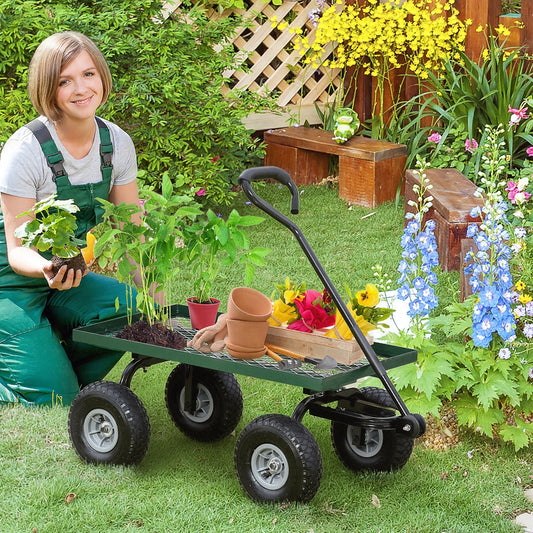 عربة حديقة من Outsunny، عربة حديقة شديدة التحمل بإطار معدني، عجلات هوائية 10 بوصة، مقبض دوار، سعة 150 كجم، للحديقة، المزرعة، العشب الأخضر