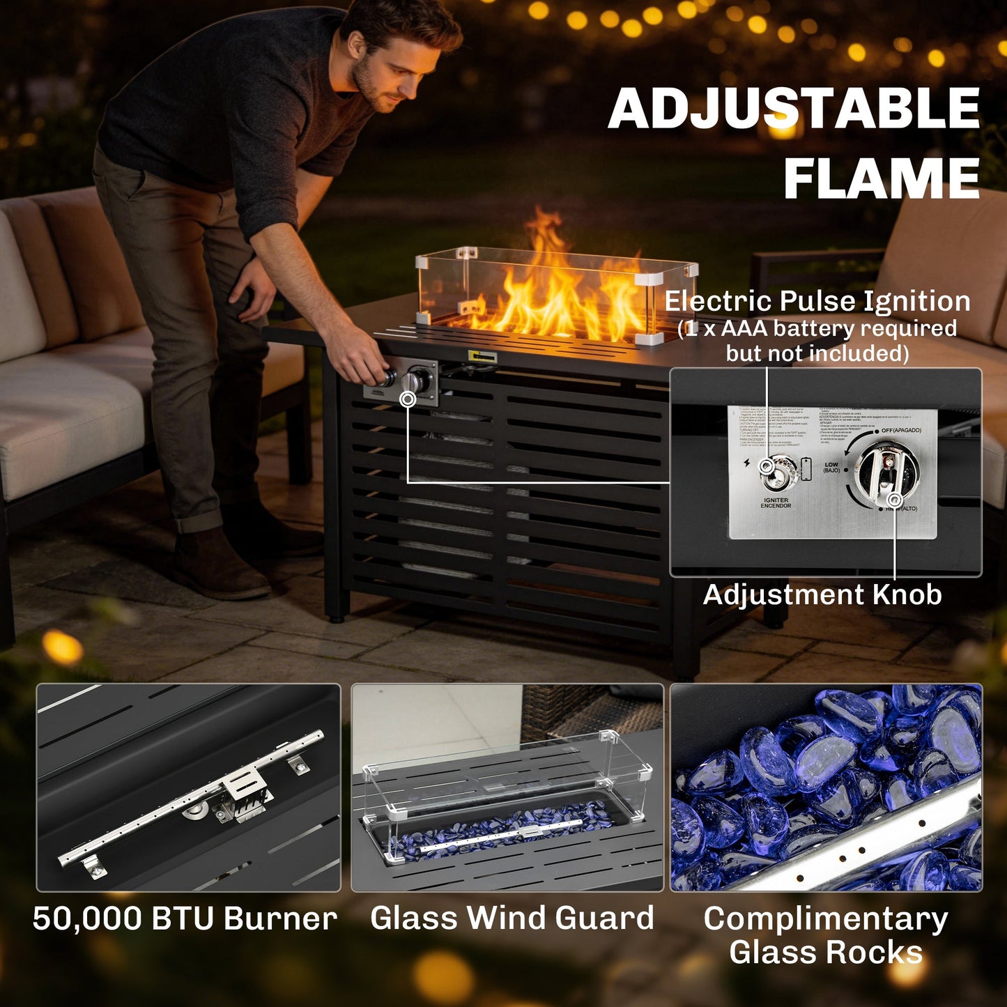 Outsunny Propane Gas Fire Pit Table, Outdoor Firepit with 43" Steel Tabletop and Lid, 50,000 BTU Pulse Ignition Fire Table w/ Stainless Steel Burner, Glass Wind Guard, and Cover