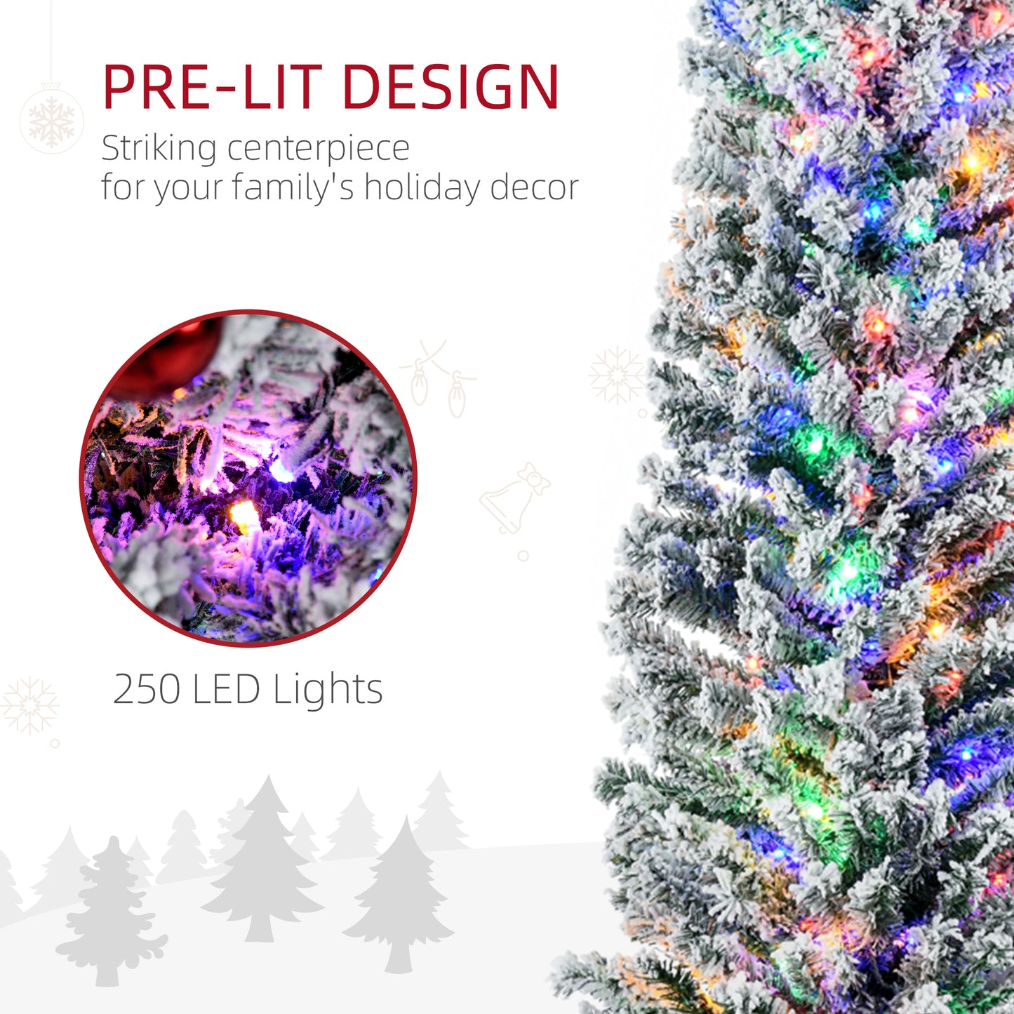 HOMCOM 7.5' Artificial Prelit Christmas Trees Holiday Décor with Colourful LED Lights, Flocked Tips, Berry, Pine Cone