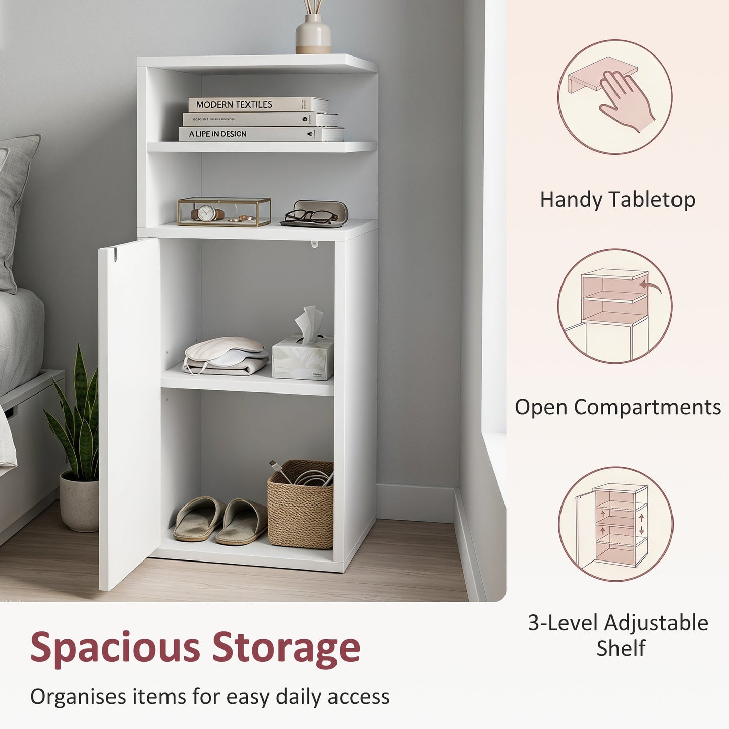 HOMCOM Slim Bedside Table Set of 2, Narrow Bedside Cabinet with Open Cubbies and Cupboard for Bedroom Living Room, White